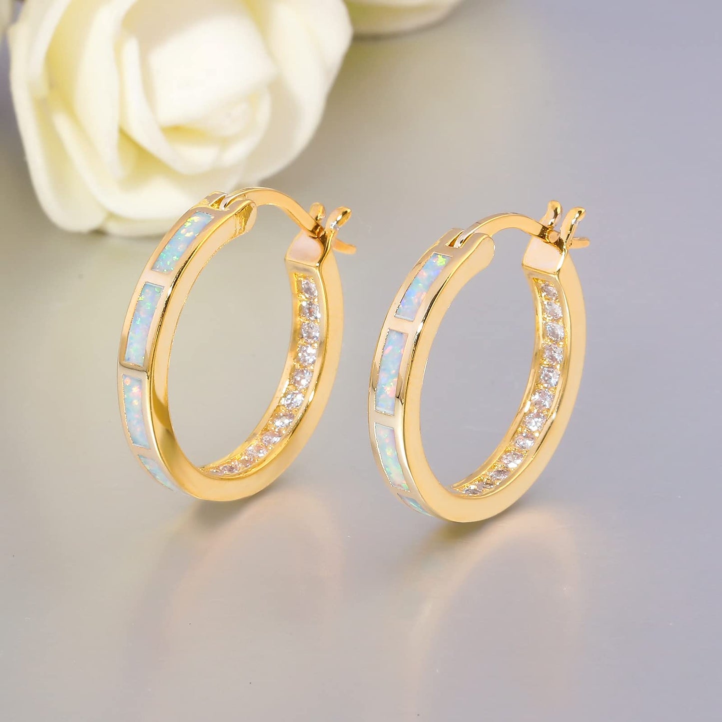 CiNily Hoop Earrings for Women Hypoallergenic Yellow Gold Plated White Diamond Statement Earrings Small Hoop Earrings Jewelry Opal Ear Hoops Gemstone Round Hoops for Ladies 20 mm