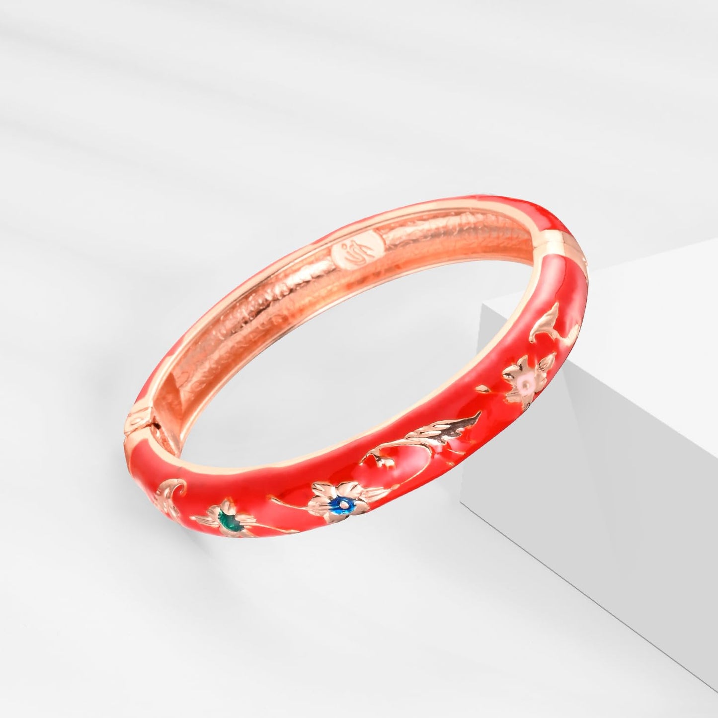 UJOY Vintage Cloisonne Bangles Bracelet Enamel Floral Spring Cuff Clasp Indian Golden Jewelry for Women 55A81-55A103 red Yellow