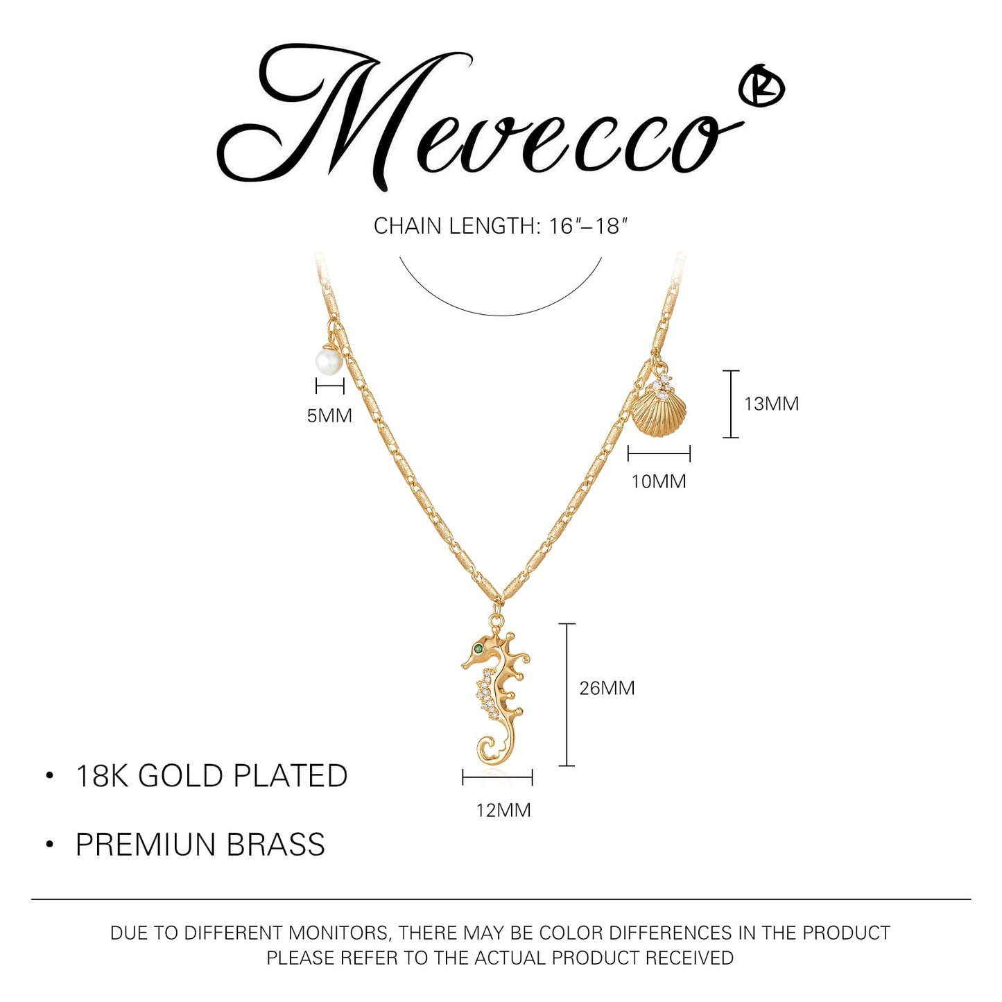 MEVECCO Dainty Gold Seahorse Pendent Necklace for Women 18K Gold Plated Cubic Zircon Cute Shell Pearl Hang Chain Necklace Boho Handmade Ocean jewelry