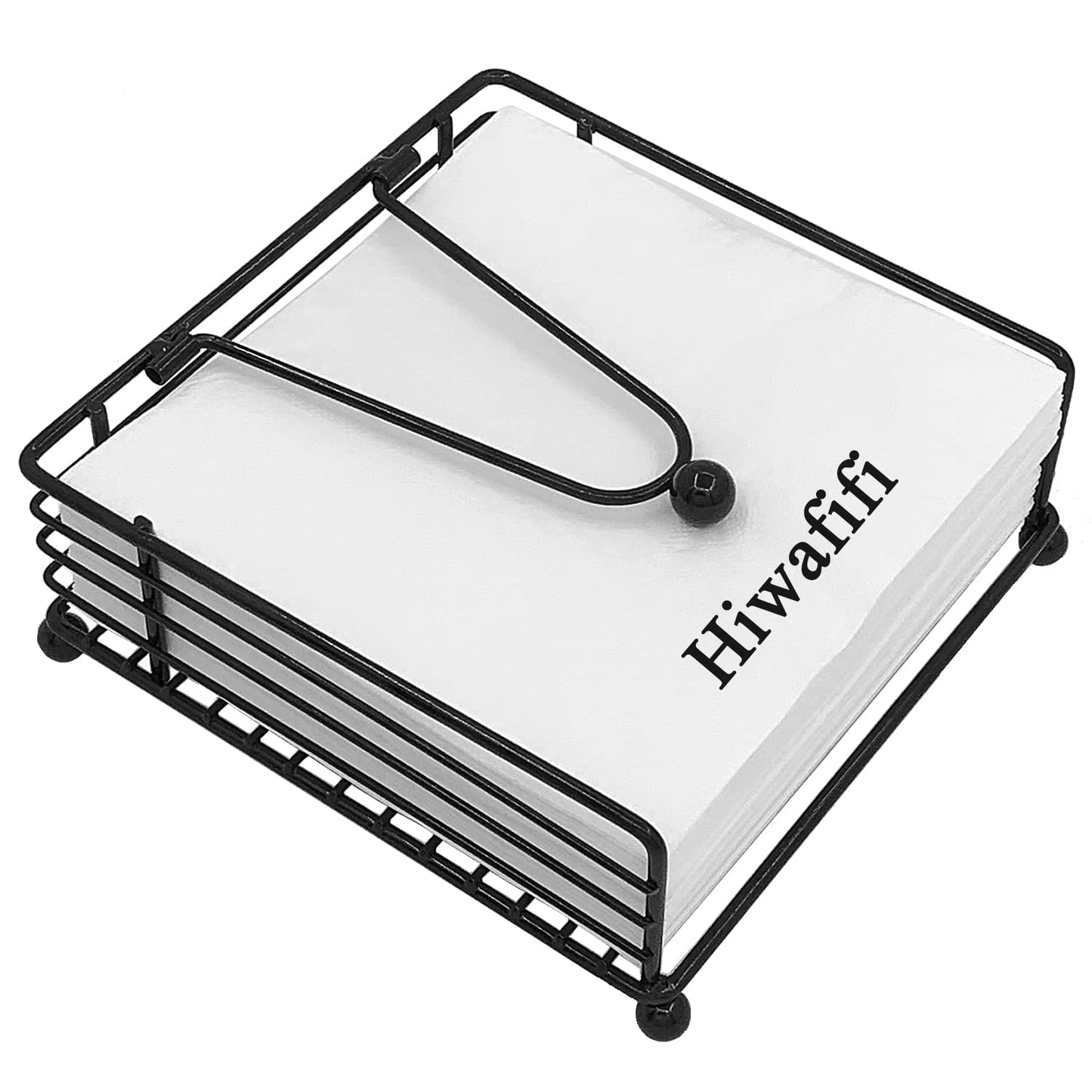 hiwafifi Napkin Holder for Table, Flat Napkin Dispenser with Weighted Arm, Square Cocktail Paper Holder of Elegant Rustic Iron for Kitchen Dining Room Decor Restaurant Farmhouse Hotel Party, Black