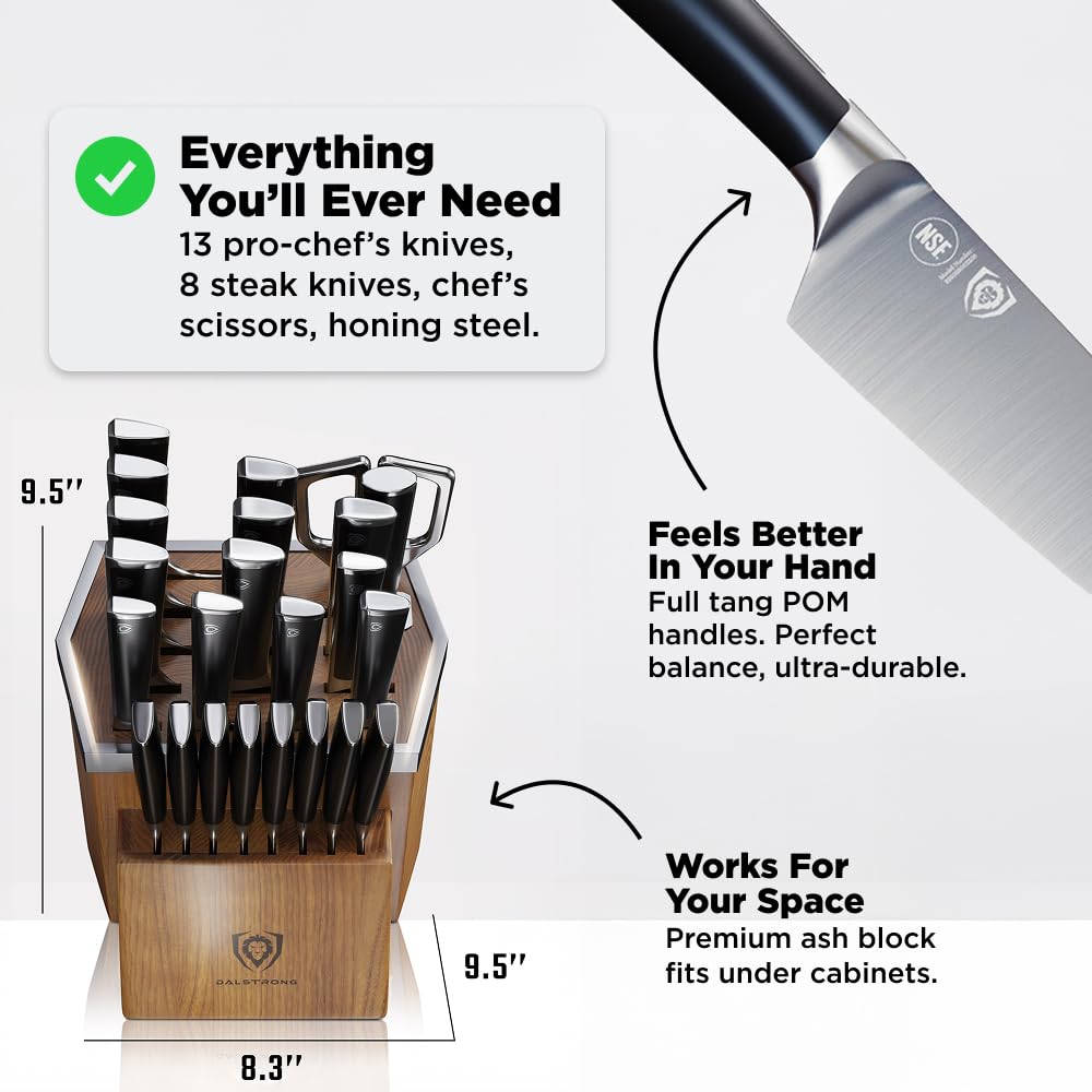 Dalstrong 24 Piece Block Knife Set - Vanquish Series - Stainless Steel Knife Set with Block & Kitchen Scissors - Forged High Carbon German Steel - Premium POM Black Handles - NSF Certified