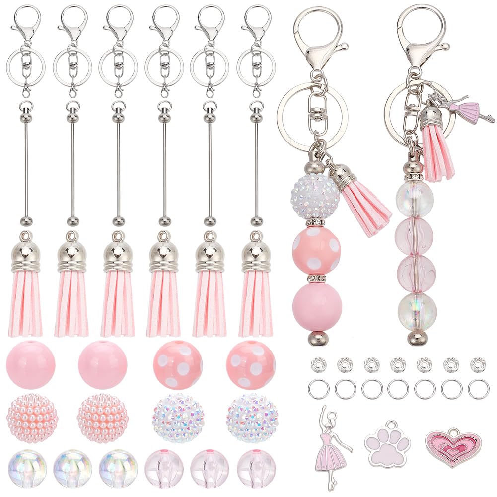 SUNNYCLUE DIY 6 Sets Valentines Day Keychain Making Kit Bead Keychain Bars Romantic Pink Charms Beadable Keychains Bar Keychain for Women Adults Gift Holiday Party Favor Office School Supplies