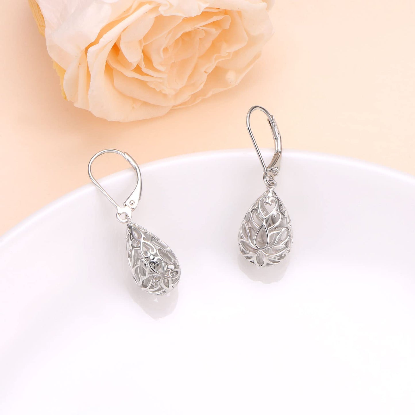 SHAOAN 925 Sterling Silver Filigree Dangle Drop Earrings Flower Lotus Leverback Teardrop Earrings for Women Mother’s Day