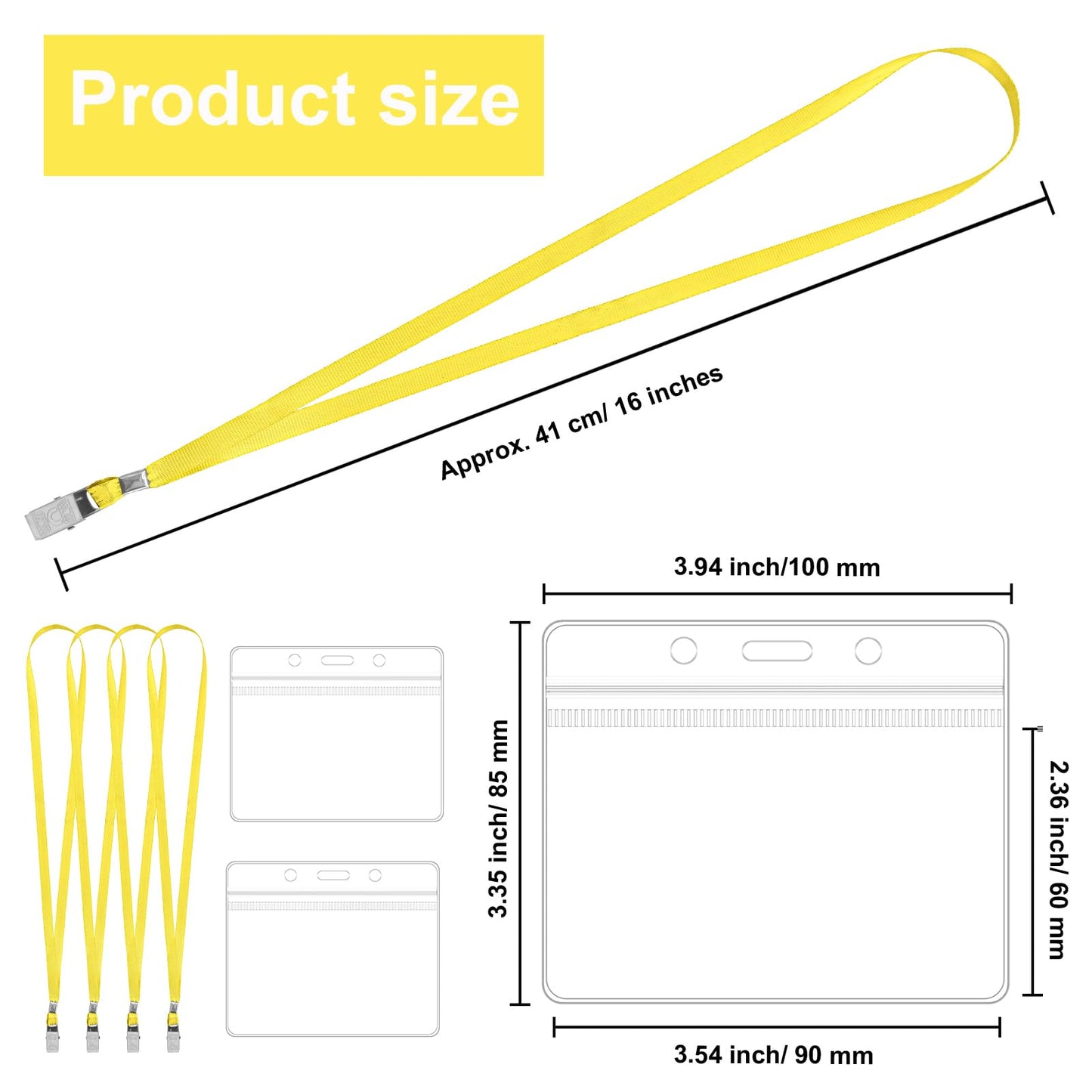 100 Pcs Lanyards for ID Badges and 100 Pcs Clear Name Tag Holders Reusable Lanyard with Clip Plastic ID Card Badge Holder Name Badges for Adults Kids Business School Office Supplies (Yellow)