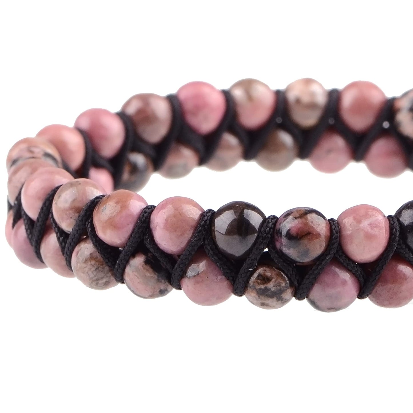 MASSIVE BEADS Natural Chakra Healing Power Crystals Macrame Bracelet Yoga Double Layer Stone Beads Gemstone Meditation Relax Anxiety Bangle for Unisex Women Men (Pink Black Rhodonite, 6mm)