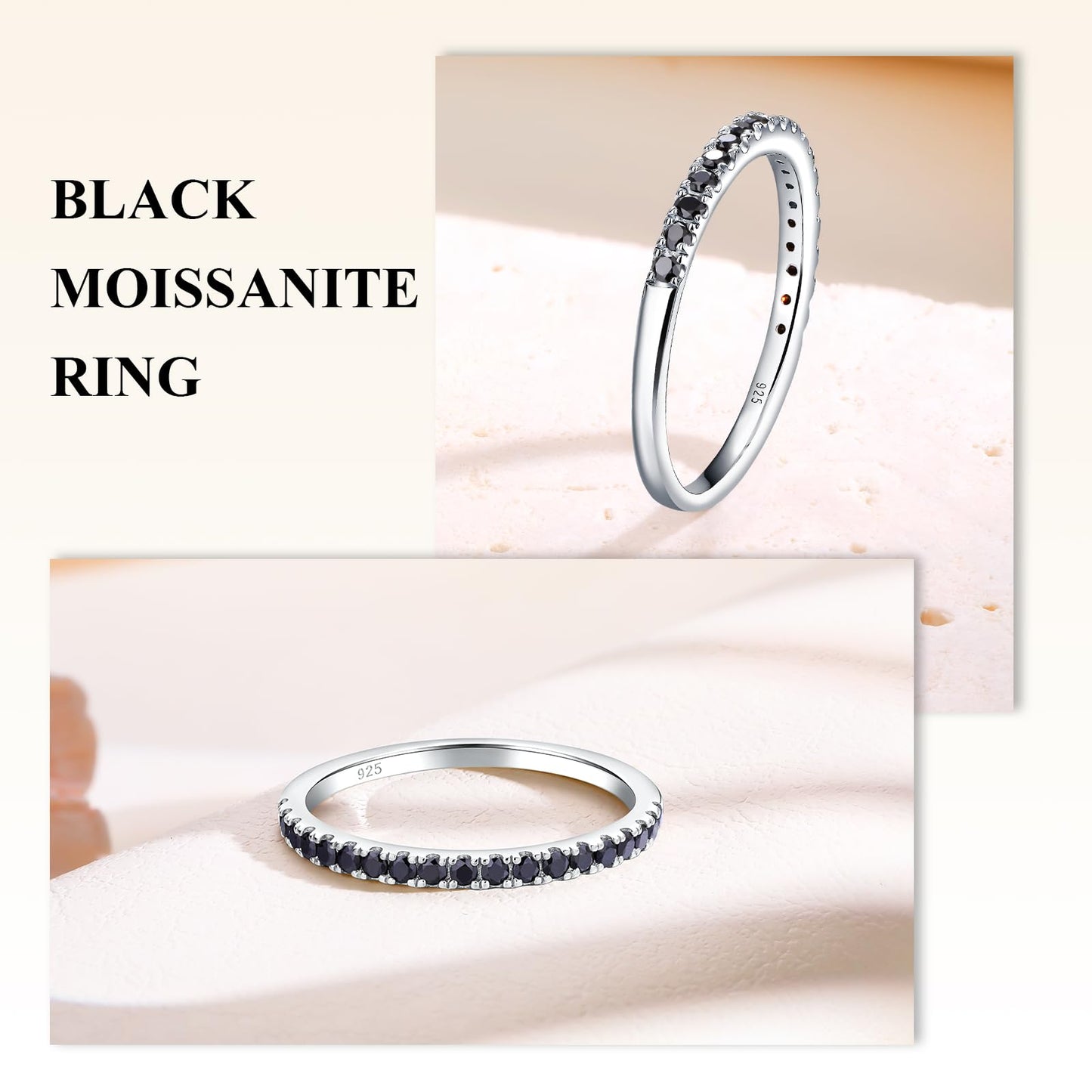 Black Moissanite Ring Men Women Created Diamond Wedding Rings Half Eternity Band Rings 0.25 Cttw Stackable Ring Size 8