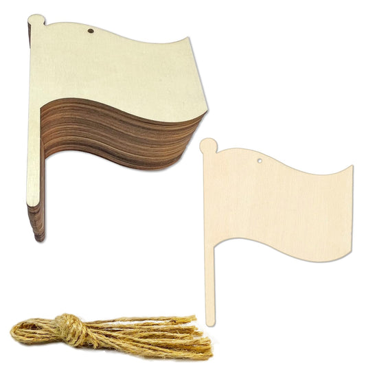 30 Pcs 4 Inch Unfinished Wood Flag Cutouts DIY Crafts Wooden Flag Shaped Hanging Ornaments with Hole Hemp Ropes for Summer and July 4th Decor and Crafting