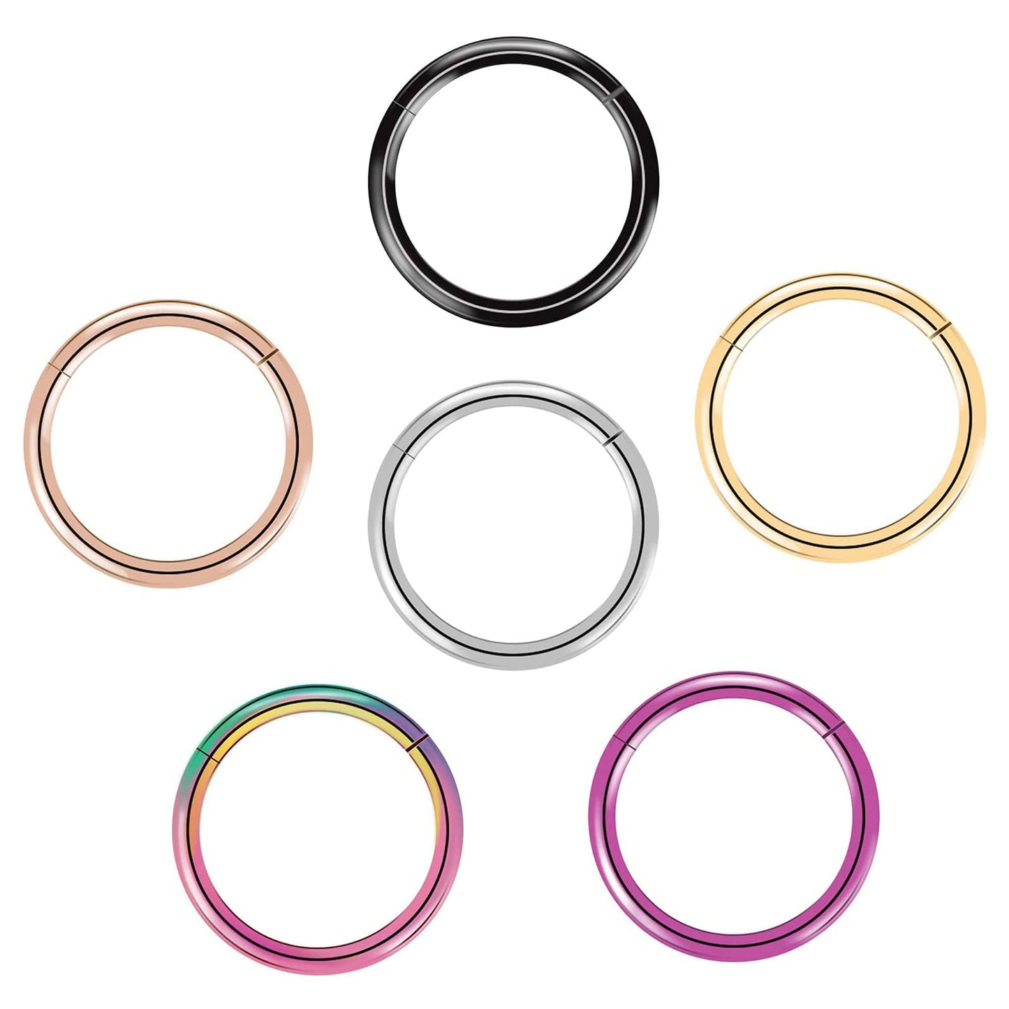BOGKU 6pcs G23 Titanium Hinged Nose Rings Hoop 20 Gauge 10mm Nose Septum Clicker Segment Rings Cartilage Conch Tragus Helix Rook Hoop Earring Body Piercing Jewelry