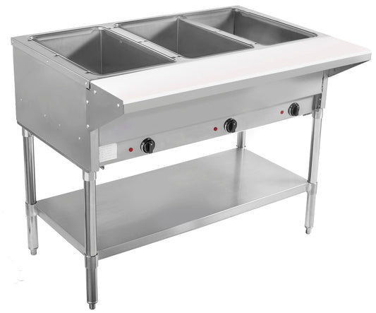 BevLes 3-Well Electric Steam Table, Heavy-Duty Stainless Steel, 240V, with Independent Temperature Controls, 12" x 20" Dry Well Openings, NSF-Certified Food Warmer, 3 Well, Silver