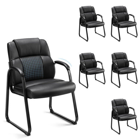 Sweetcrispy Waiting Room Guest Chair Set of 6, Leather Stationary Office Reception Chairs No Wheel, Comfy Padded Arms and Seld Base, for Conference Room Lobby Home Desk Bedroom Elderly, Black