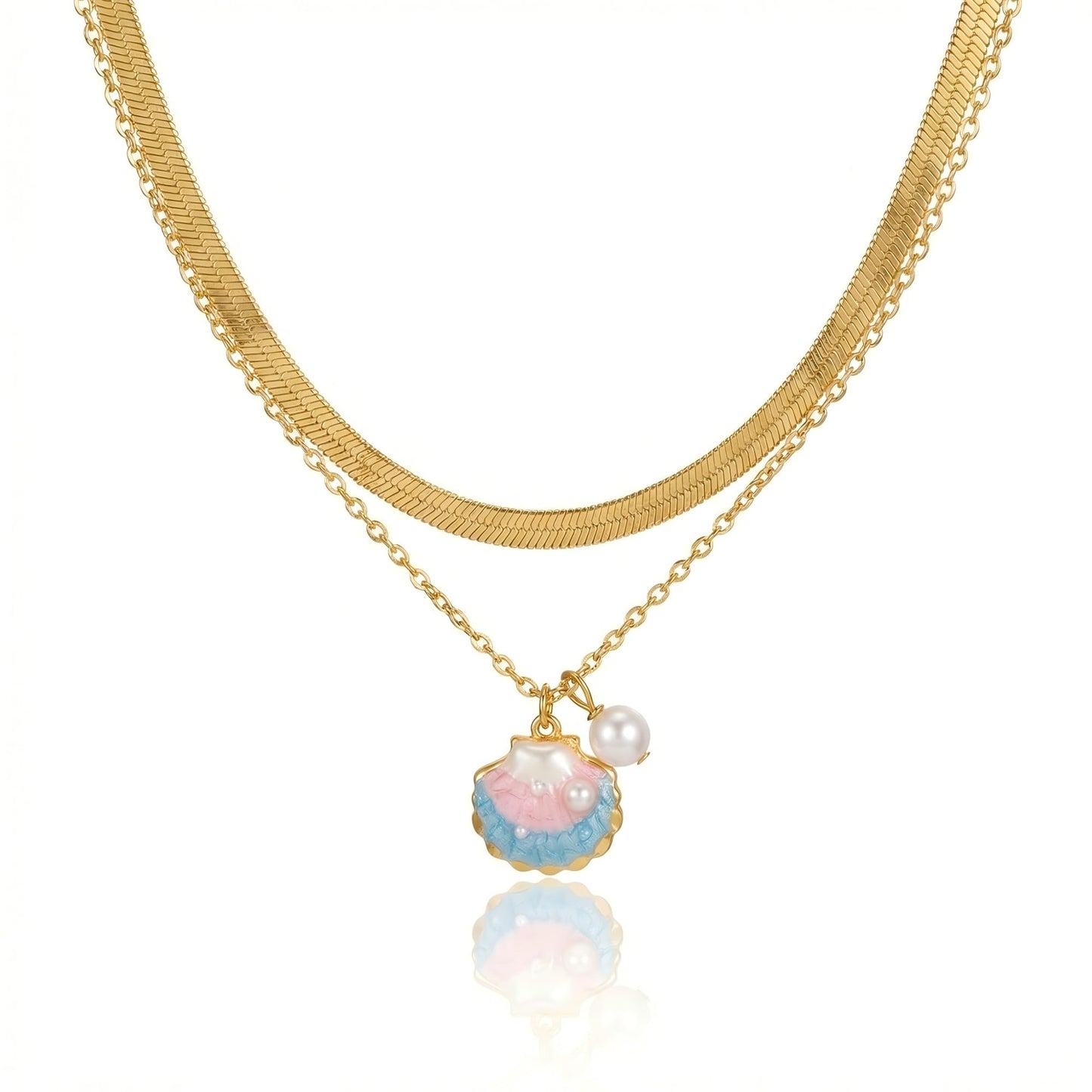 Harlermoon Gold Starfish Necklace for Women - 18K Gold Plated Stainless Steel Ocean Beach Jewelry, Sea Turtle Shell Pearl Pendant, Waterproof Non Tarnish Snake Chain Choker, Summer Vacation Mermaid Gifts (Small Shell Snake Chain)