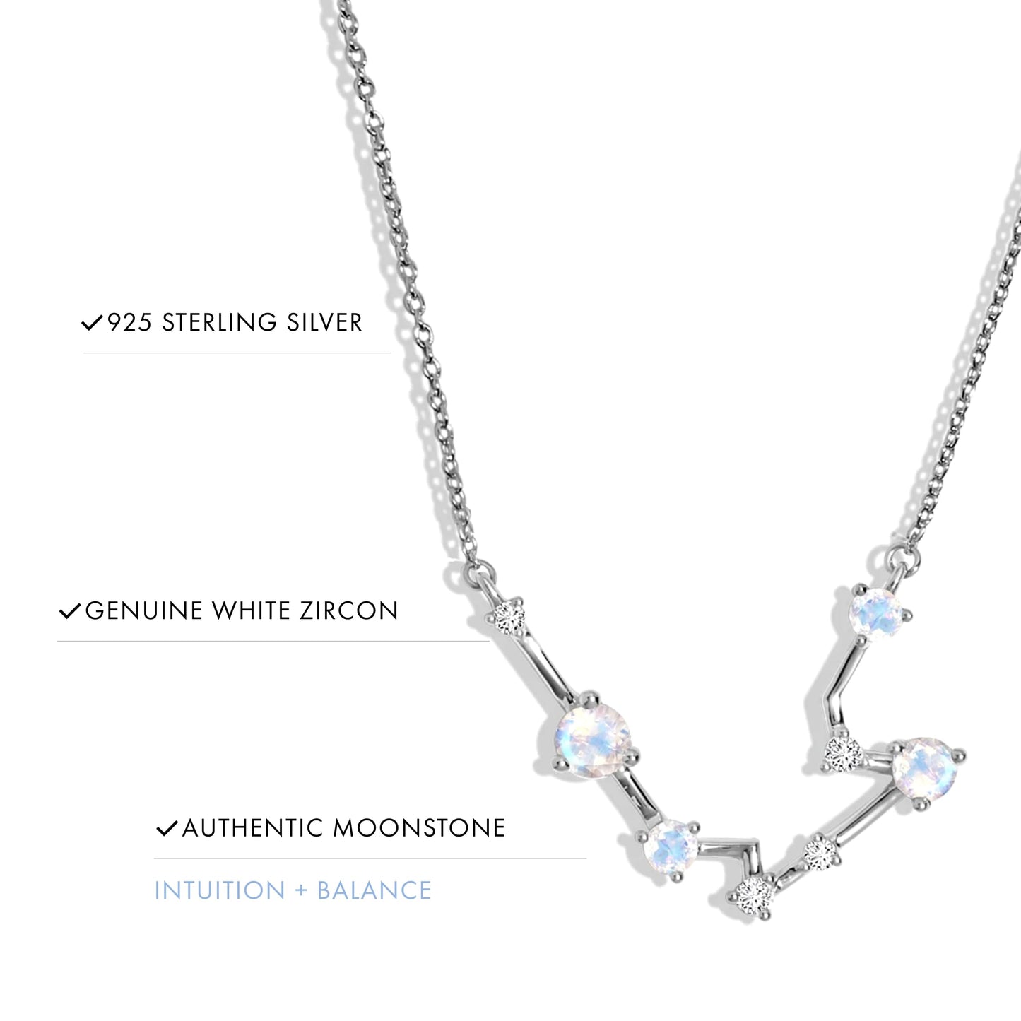 Moon Magic Moonstone Necklace - Aquarius Zodiac Constellation / 925 Sterling Silver - 18k Rose Gold - Yellow Gold Rainbow Moonstone Necklaces for Women/Authentic Rainbow Crystal Jewelry