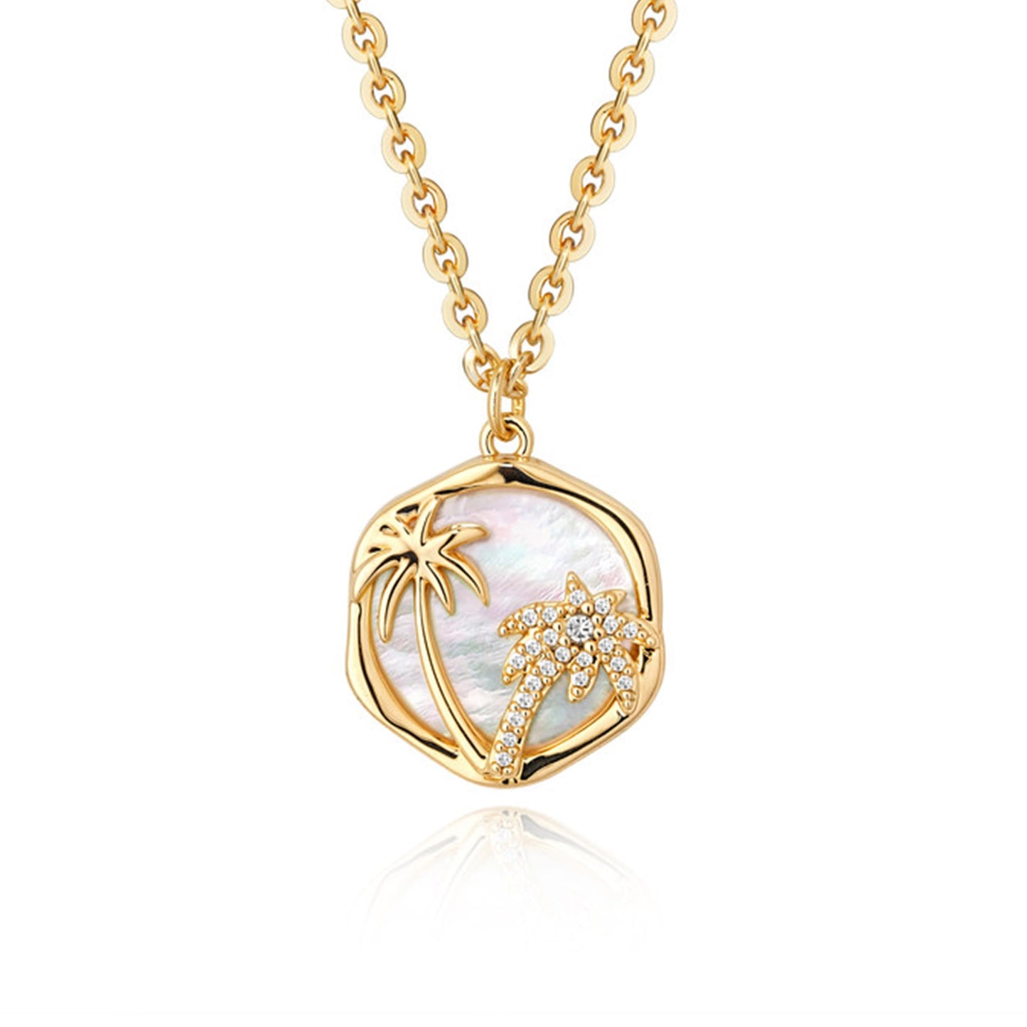 Fettero 14K Gold Plated Necklaces for Women Dainty Mother of Pearl Palm Tree Pendant Charm MOP Gold Coin Necklace Jewelry Gift