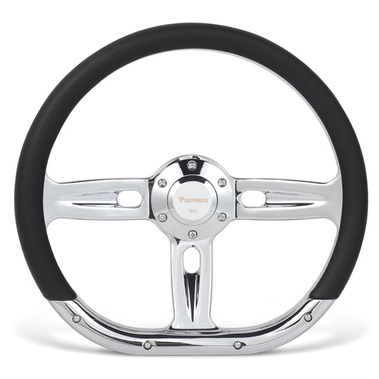 Pspeed 14 inch D-shaped steering wheel, 6 Bolt 3 Spokes Chrome-Plated aluminum alloy Black Microfiber Leather Grip Deep Dish 50MM with horn Fit for Cars,for Classic Car,for Vintage Car steering wheel