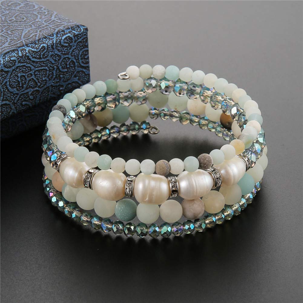 Beaded Freshwater Pearl Chakra Bracelet - Multi Strand Wrap Bracelet with Natural Crystal Agate Beads, Birthday Gifts for Women(29-Green)