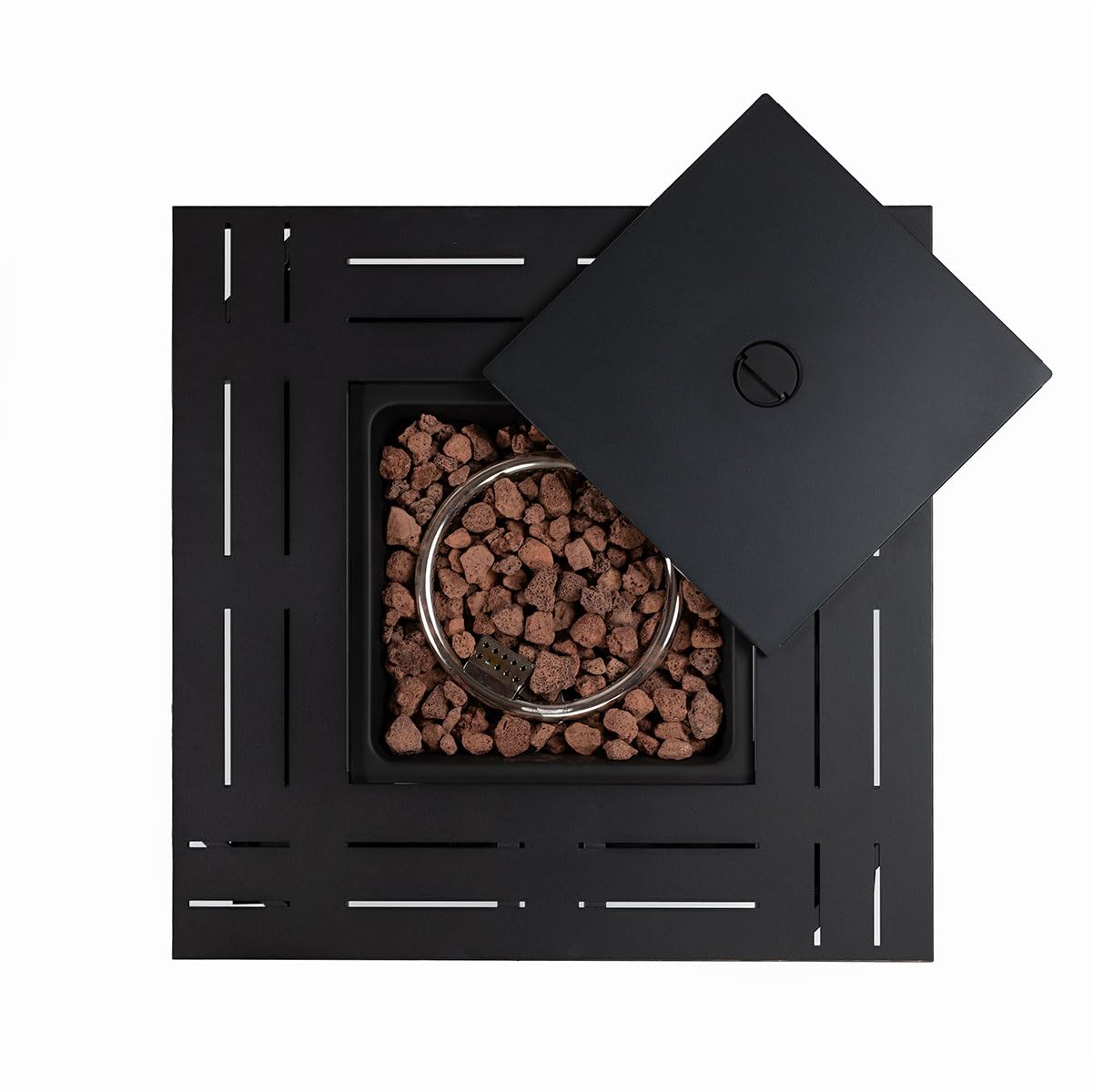 AJ Enjoy 28'' Propane Fire Pit Table, 50,000 BTU Fire Table with Steel Lid, Big Legs, Laval Rocks.