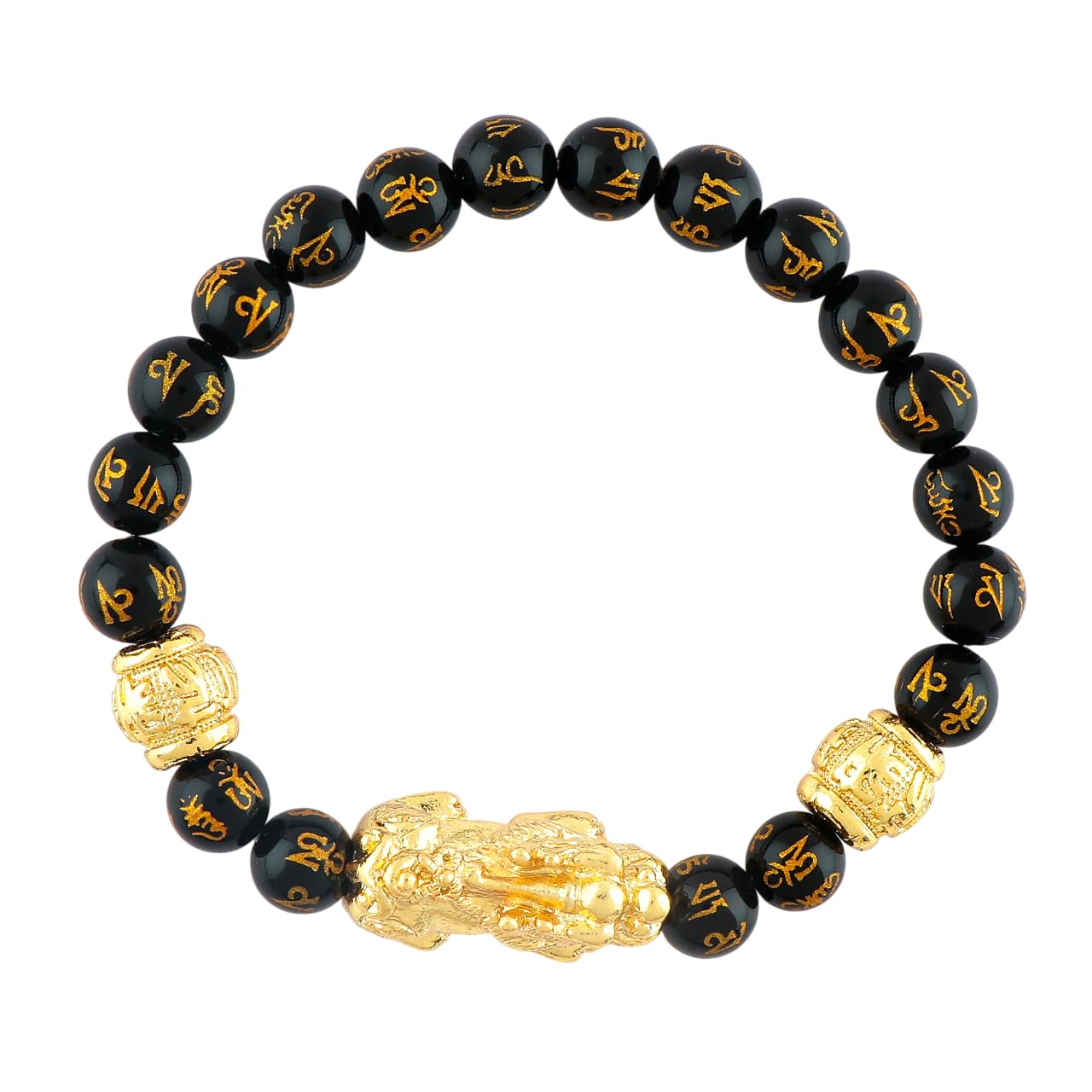CRYSTALINES Om Mani Padme Hum Lion Beads Bracelet, Onyx Gemstone Stretchable Beaded Bracelet, Handmade, Chakra - Healing - Yoga - Spiritual - Protection, Kundalini Stretch Bracelet - 8mm Beads