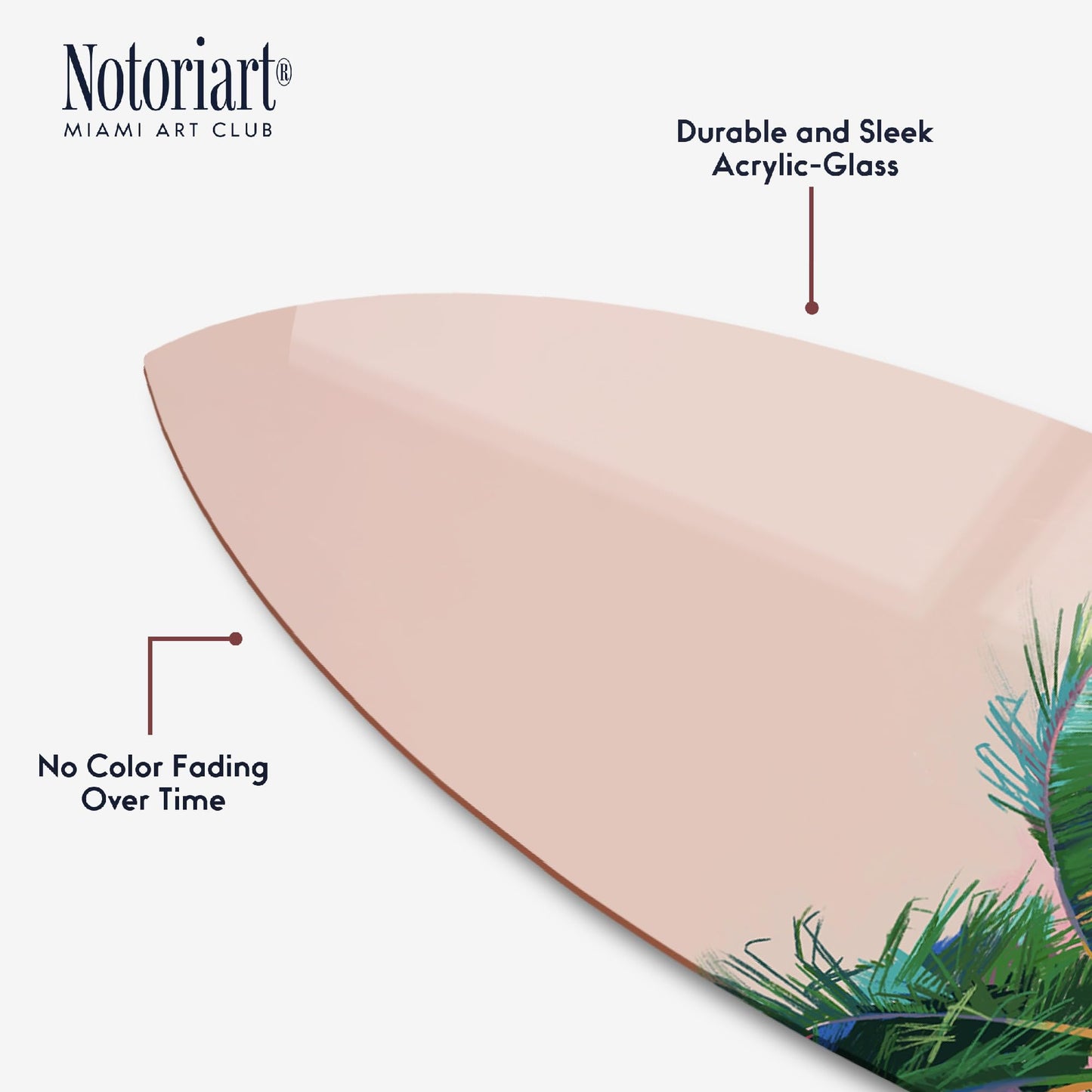 Notoriart Coastal Palm Coral Surfboard Acrylic Wall Art Die-Cut Coastal Modern High-Gloss Home Decor, 15" x 60"