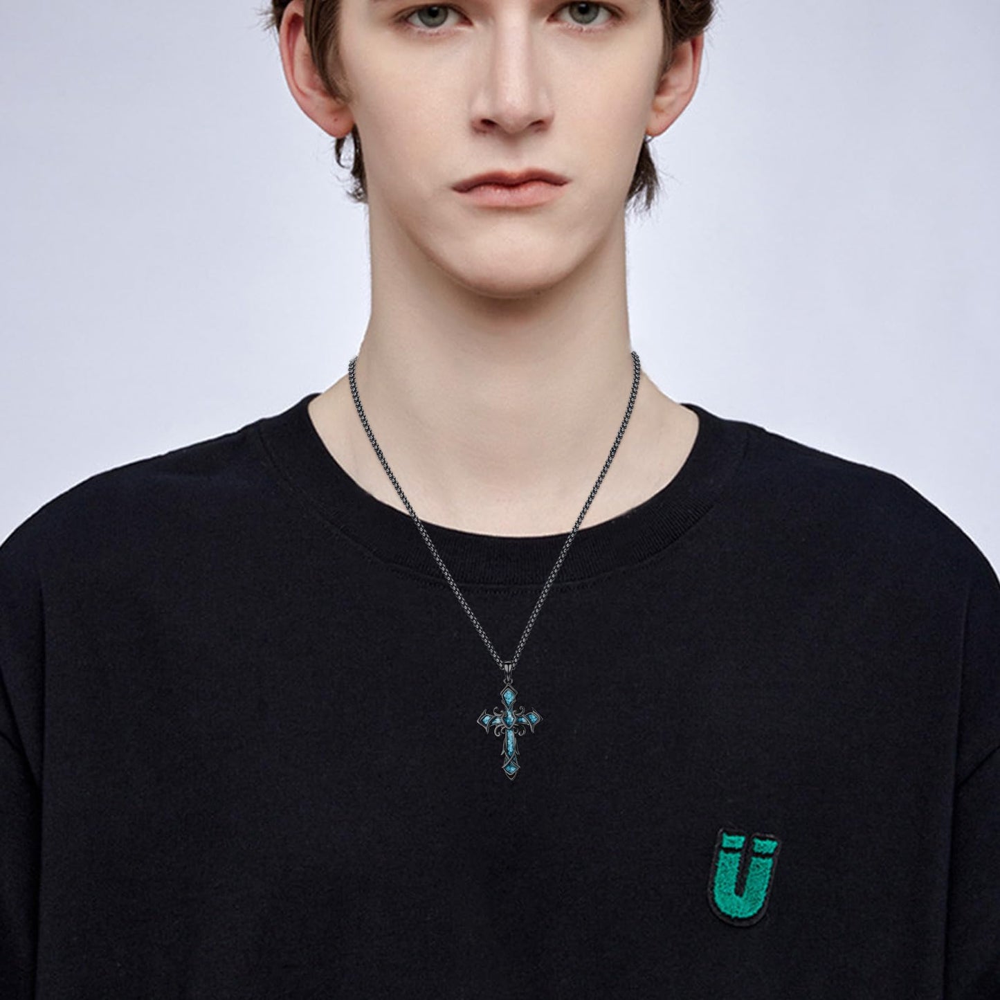 YEESIA Cross Necklace for Men Women, 925 Sterling Silver, Black Cross Pendant Necklace with Turquoise, Christian Jewelry, Gift for Men Women