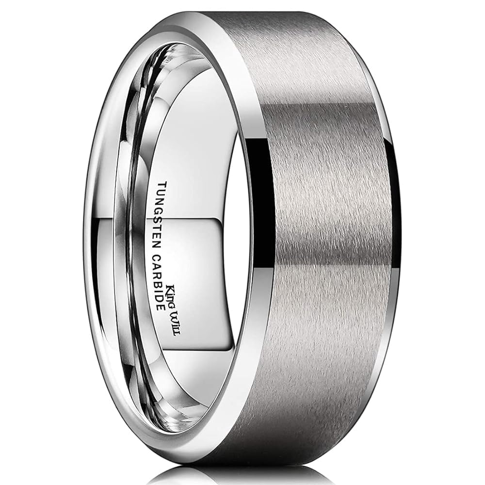 King Will 8mm Men's Silver Wedding Ring - Brushed Matte Surface, Beveled Polished Edge, Comfort Fit Size 9.5