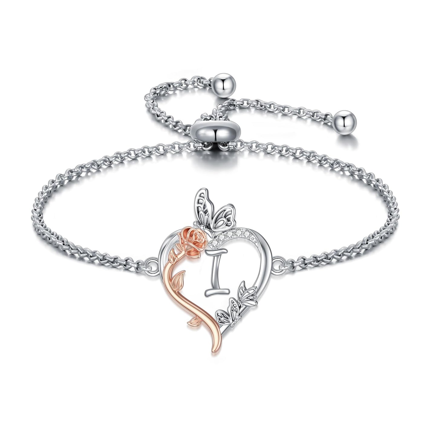 TOUPOP Rose Heart Bracelet for Women Sterling Silver Heart Initial I Letter Bracelet Butterfly Love Jewelry Anniversary Birthday Mothers Day Gifts for Mom Wife Her Girlfriend