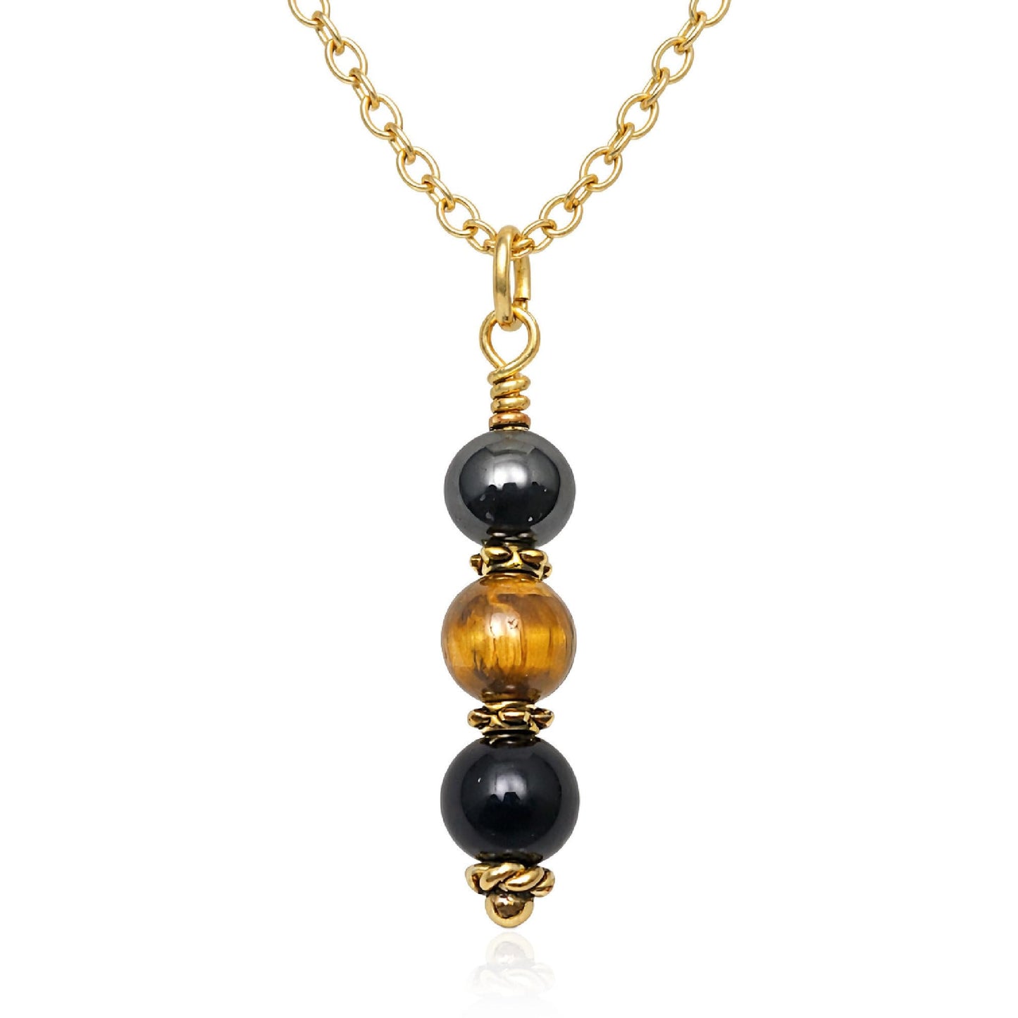 EnCharmed Antique Gold Triple Protection Necklace, Handmade Healing Jewelry for Luck Prosperity Happiness, Natural Hematite Tiger Eye and Black Obsidian Pendant, Spiritual Gift for Men or Women
