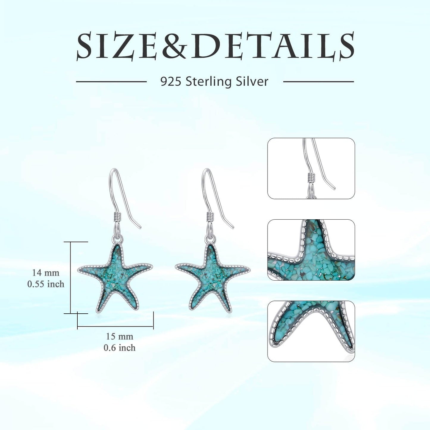 HPQQ Starfish Earrings 925 Sterling Silver Turquoise Starfish Dangle Earrings Ocean Beach Themed Jewelry Mother's Day Jewelry Gifts for Women