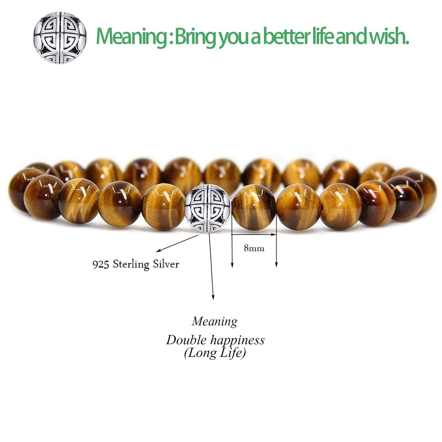 MetJakt Healing Crystals Beaded Bracelets for Womens Natural Gemstone 8mm Beads Stretch Bracelets with 925 Sterling Silver Double Happiness Pendant (Tiger Eye)