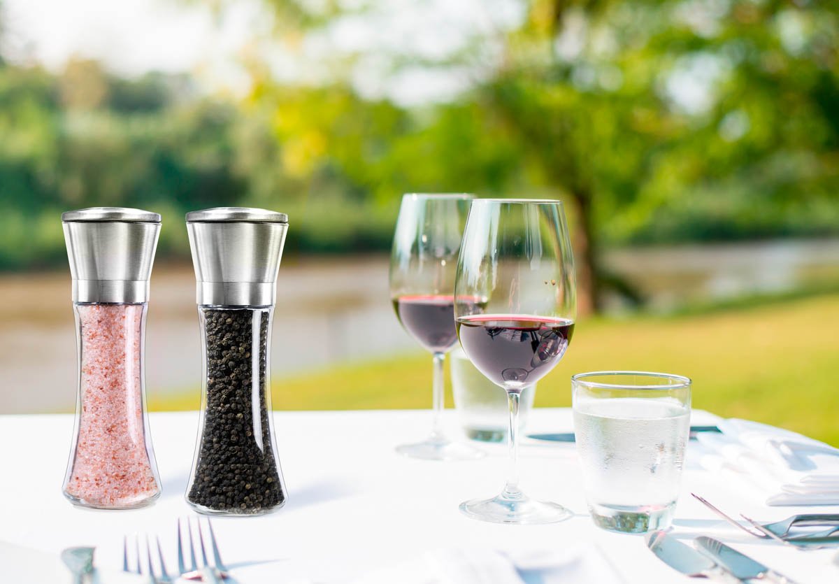 Levav Premium Salt and Pepper Grinder Set of 2- Brushed Stainless Steel Pepper Mill and Salt Mil, Glass Body, Size Grade adjustable ceramic rotor-salt and pepper shakers (tall)