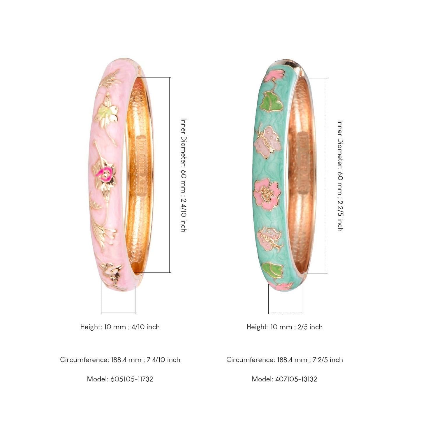 UJOY Cloisonne Bracelet Butterfly Gold Hinged Indian Bangles Flower Enamel Jewelry Bracelets Gift for Women 55A67-55A81 Green Pink