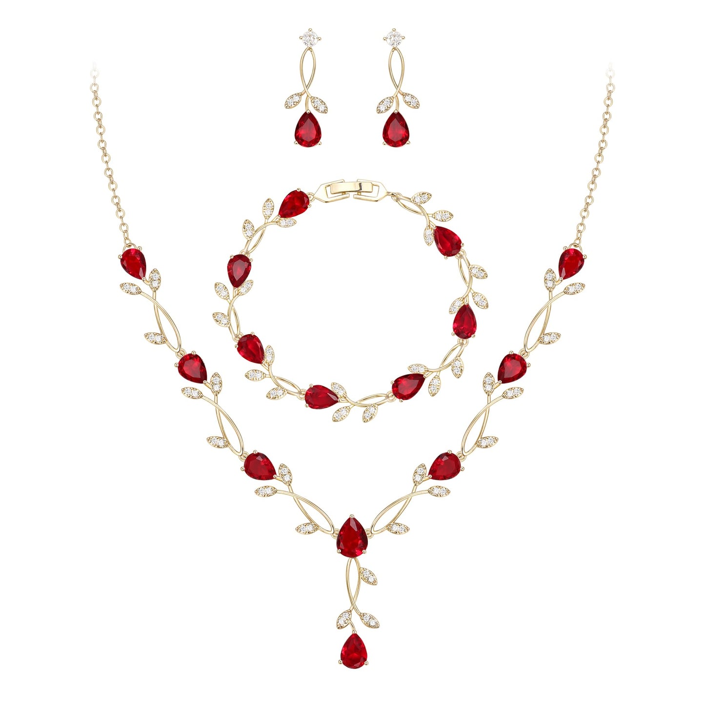 EVER FAITH Wedding Party Jewelry Set for Women, Red Teardrop Cubic Zirconia Gold-Plated-Brass Leaf Costume Prom Necklace Earrings Bracelet Sets Gift for Mother Friend Wife Daughter Sister