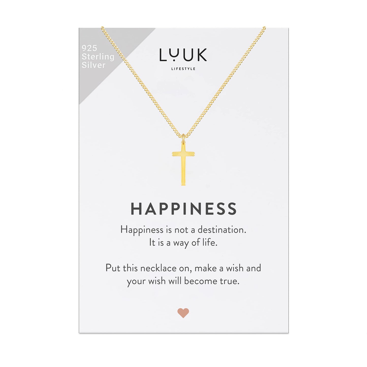 LUUK LIFESTYLE Necklace in 925 Sterling Silver with cross pendant and HAPPINESS gift card, lucky charm, Christian cross, protection against evil, classic sleek look, 19”, religious object, gold