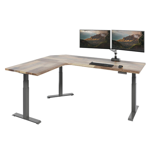 Vari ComfortEdge 80x60 L-Shape Electric Standing Desk – Height Adjustable Sit-Stand VariDesk for Corner Office with Reversible Left/Right Design + Reclaimed Wood/Slate Legs (Ships in 3 Boxes)