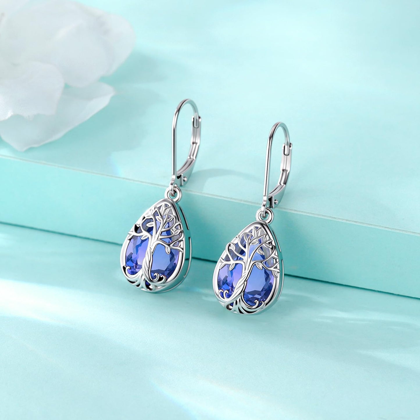 Eusense Tree of Life Dangle Earrings 925 Sterling Silver Jewelry Teardrop Dangle Tanzanite Earrings for Women Leverback Birthstone Jewelry Gift
