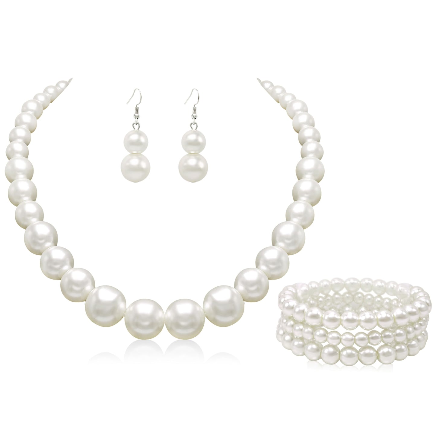 Cryshimmer Pearl Necklaces Earring Bracelets for Women Faux Pearl Beads Strand Collar Necklace Costume Jewelry Set(Cream White)