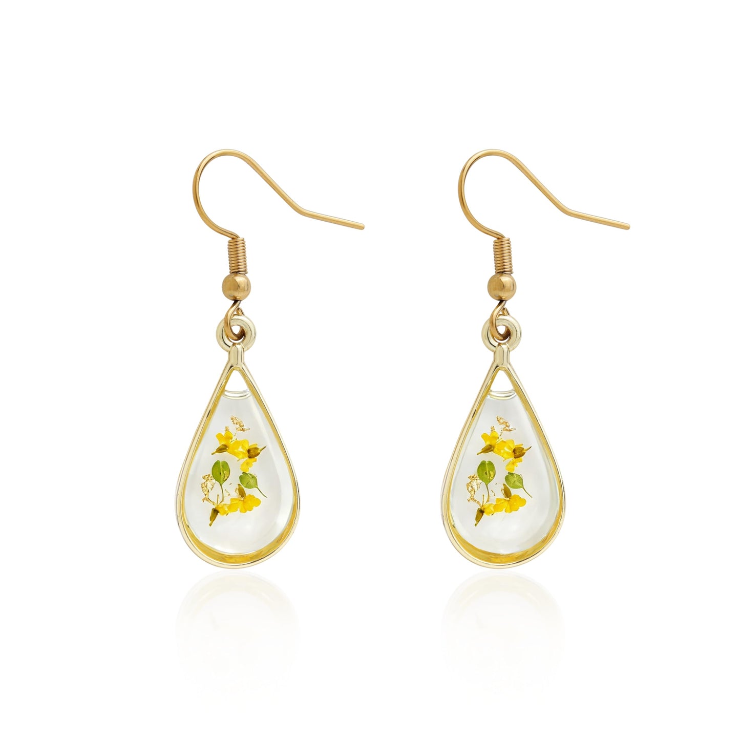 Jean Beau Handmade Pressed Flower Earrings for Women, Unique Resin Yellow Dried Flowers Gold Plated Teardrop Dangle Drop Nature Floral Earings Fashion Summer Jewelry Gift