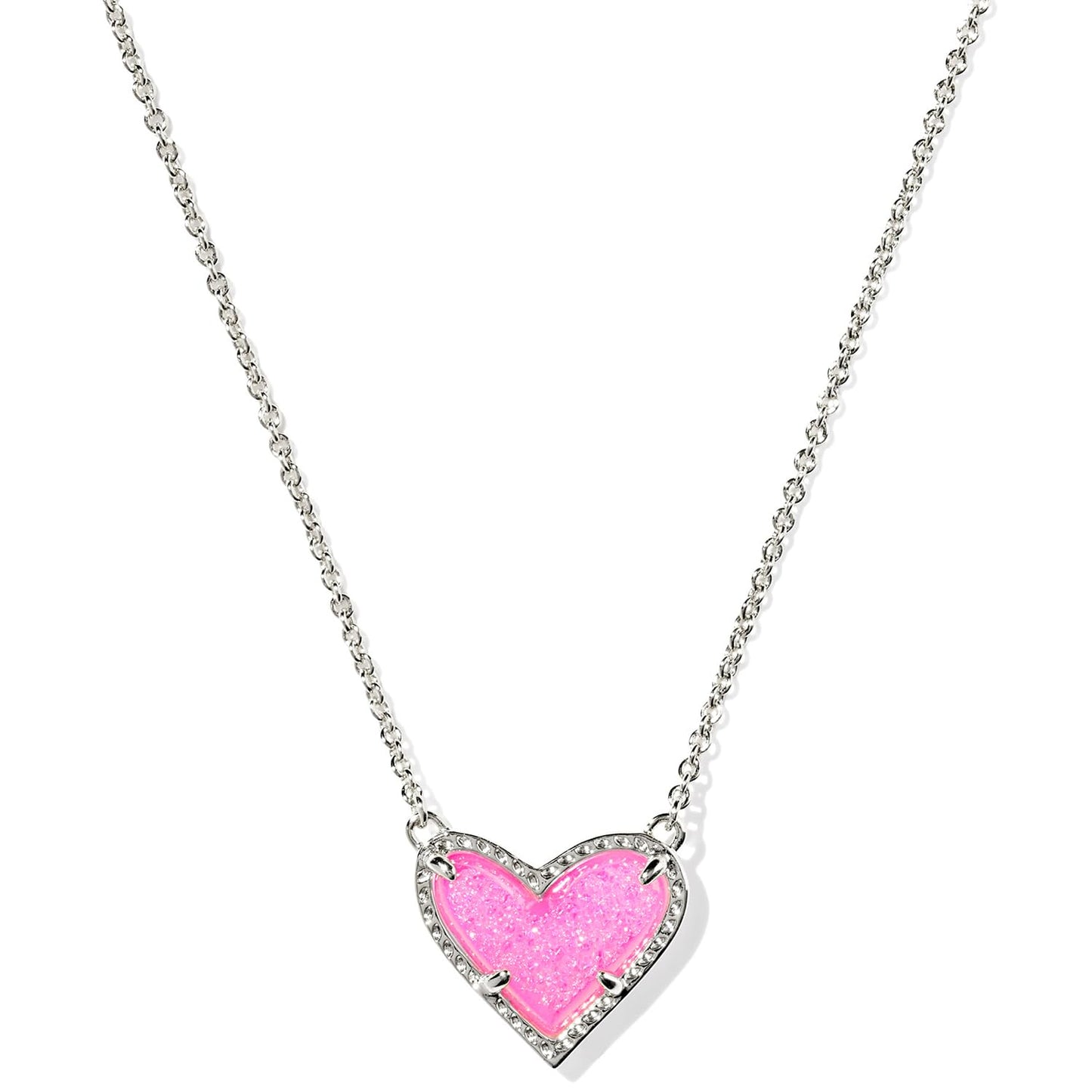 Kendra Scott Ari Heart Pendant Necklace, Rhodium-Plated Brass, Fashion Jewelry for Women, Hot Pink Drusy