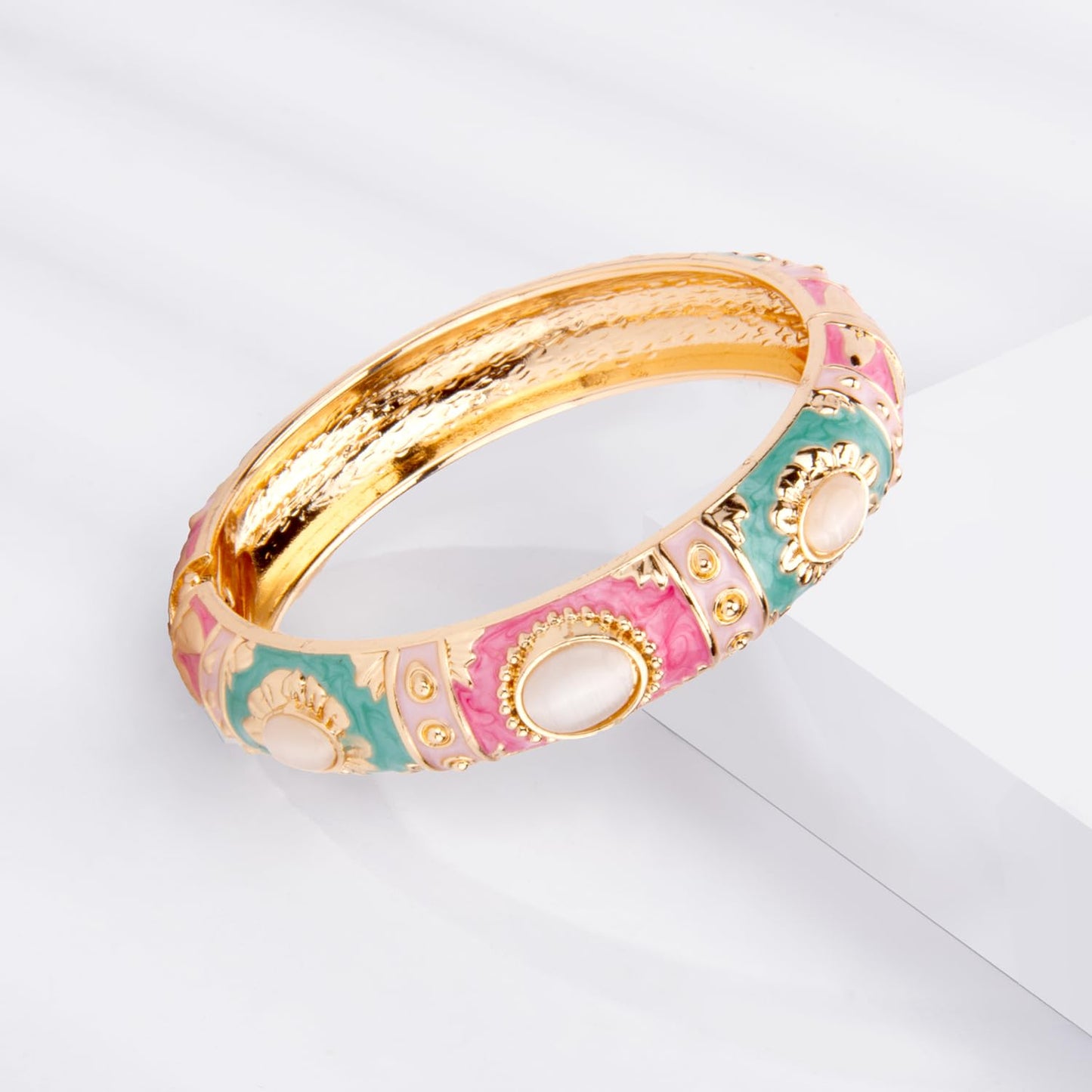 UJOY Vintage Cloisonne Jewelry Bracelet Gold Plated Handmade Bead Rhinestones Enamel Spring Cuff Bangles 2 Pcs Set for Womens Gift 7735-55A103 Pink Green