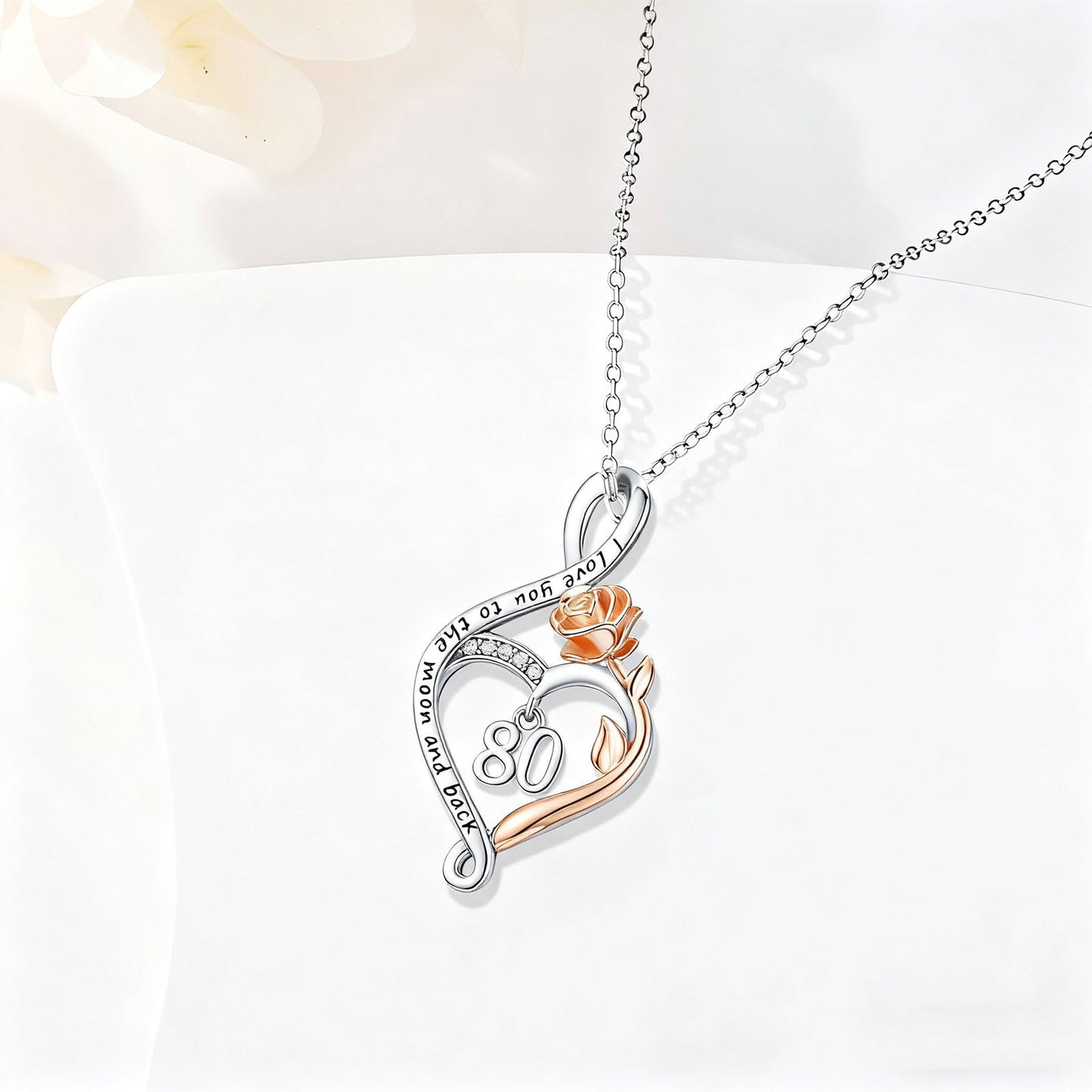 KoyeKei 80th Birthday Gifts for Women 80 Year Old Necklace 925 Sterling Silver Rose Flower Heart Infinity Pendant Jewelry Birthday Mothers Day Gift for Nana Granddaughter
