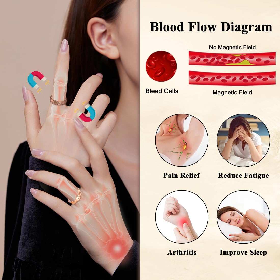 Cigmag 4PCS Copper Rings for Women Pure Copper Magnetic Ring Strong Magnet Adjustable Thumb Fingers Ring