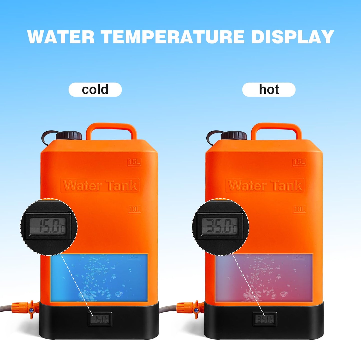 B. TAWD 4.5 Gallon Silicone Water Tank, Portable Camping Shower, USB Battery Charging, Solar Heating, with Shower Head, Electric Portable Outdoor Shower, Built-in Thermometer, Beach, Camping, Hiking