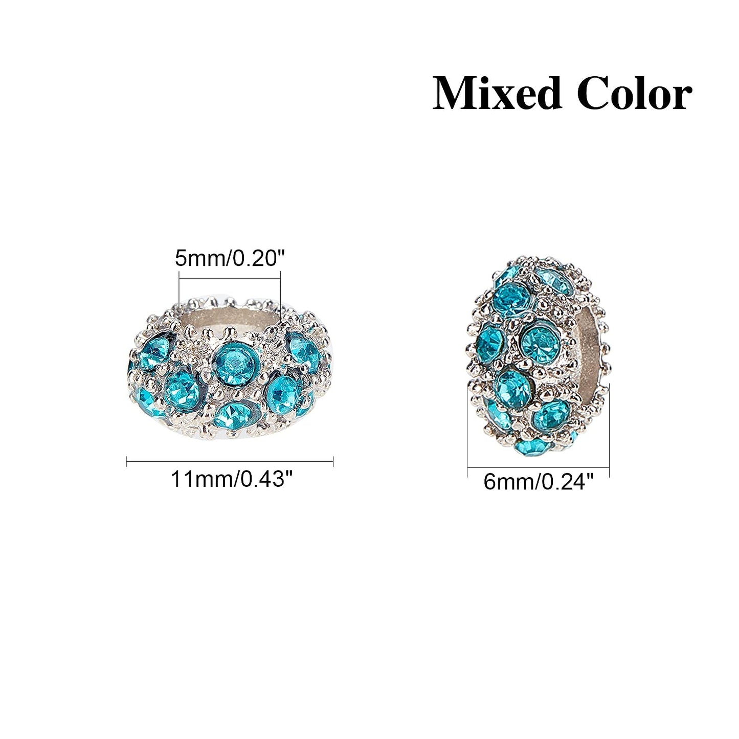 PH PandaHall 100pcs Rhinestone Large Hole European Beads, Platinum Mixed Color Crystal Rondelle Spacer Beads Fit European Snake Chain Charms Bracelet(11x6mm, Hole: 5mm)
