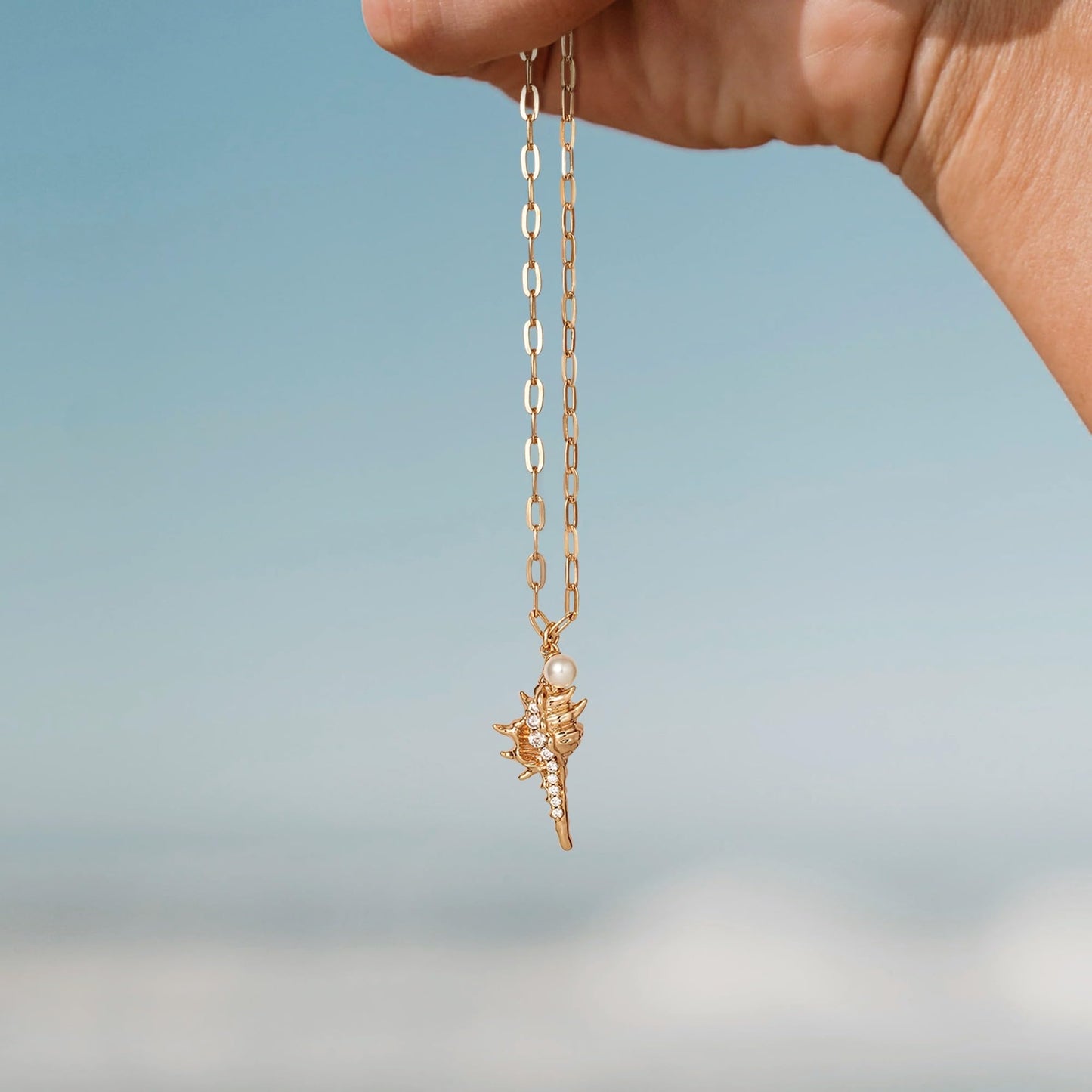 MYEARS Women Gold Necklace Conch Shell Pendant Pearl Bead Cubic Zirconia 14K Simple Dainty Oval Chain Everyday Summer Beach Jewelry