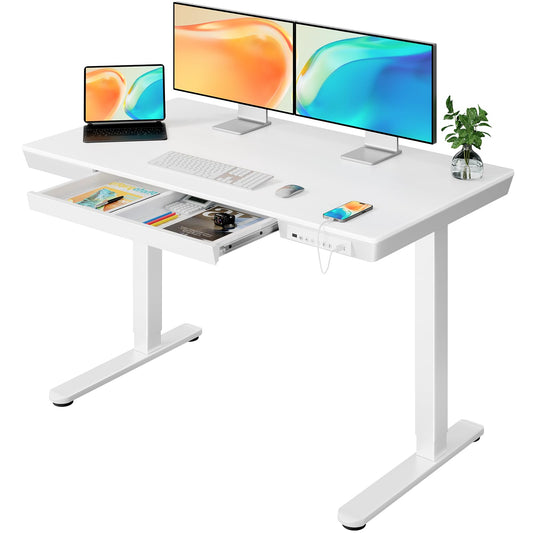 ErGear Electric Standing Desk with Drawers & USB Charging Ports, 48 x 24 Wood Height Adjustable Desk Whole Piece Home Office Computer Table, White