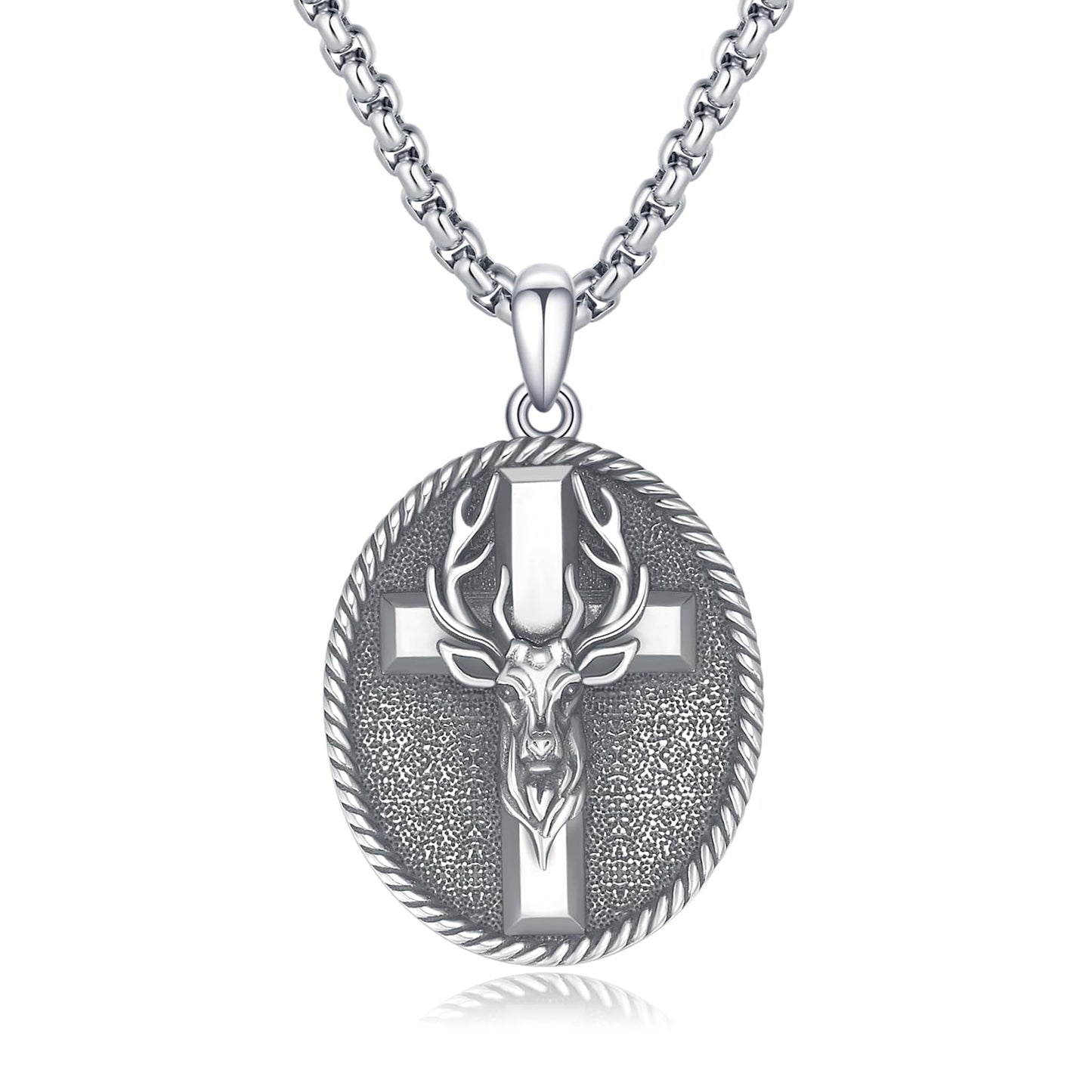 YEESIA Cross Necklace for Men 925 Sterling Silver Elk Antler Necklace Deer Cross Pendant Christian Protect Jewelry Birthday Gifts for Husband