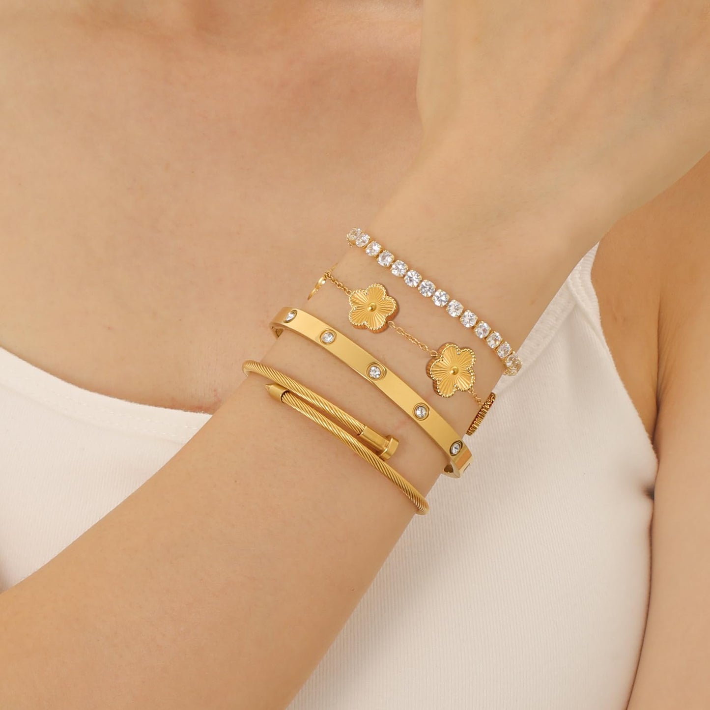 Gold Bracelets for Women, 18K Gold Plated Women Tennis Bracelets Clover Nail Love Bangle Bracelet Set, Gold Bracelet Stackable Set Trendy Jewelry, Gifts for Women's Day and Mother's Day (06-Color-gold)
