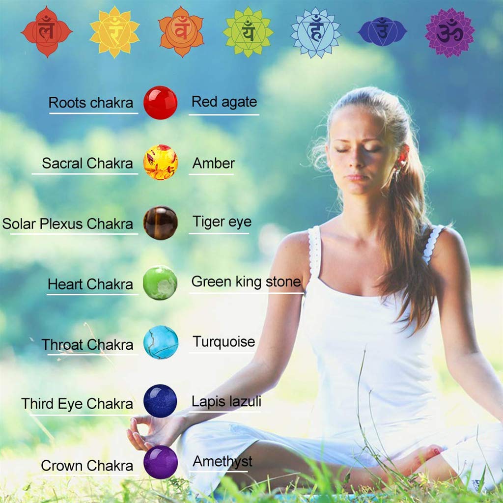 GelConnie 7 Chakra Bracelets 8mm Black Agate Chakra Stone Healing Crystal Bracelet Braided Rope Yoga Bead Bracelets Meditation Relief Anxiety Bangle Relax Energy Balance Gift for Women, Men