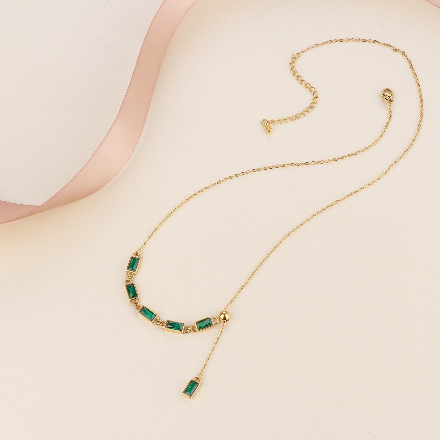 TaYolnFaSo Emerald Y Shaped Necklace 18K Gold Plated Emerald Cut Green CZ Y Lariat Necklace Jewelry Valentine's Day Gift for Women