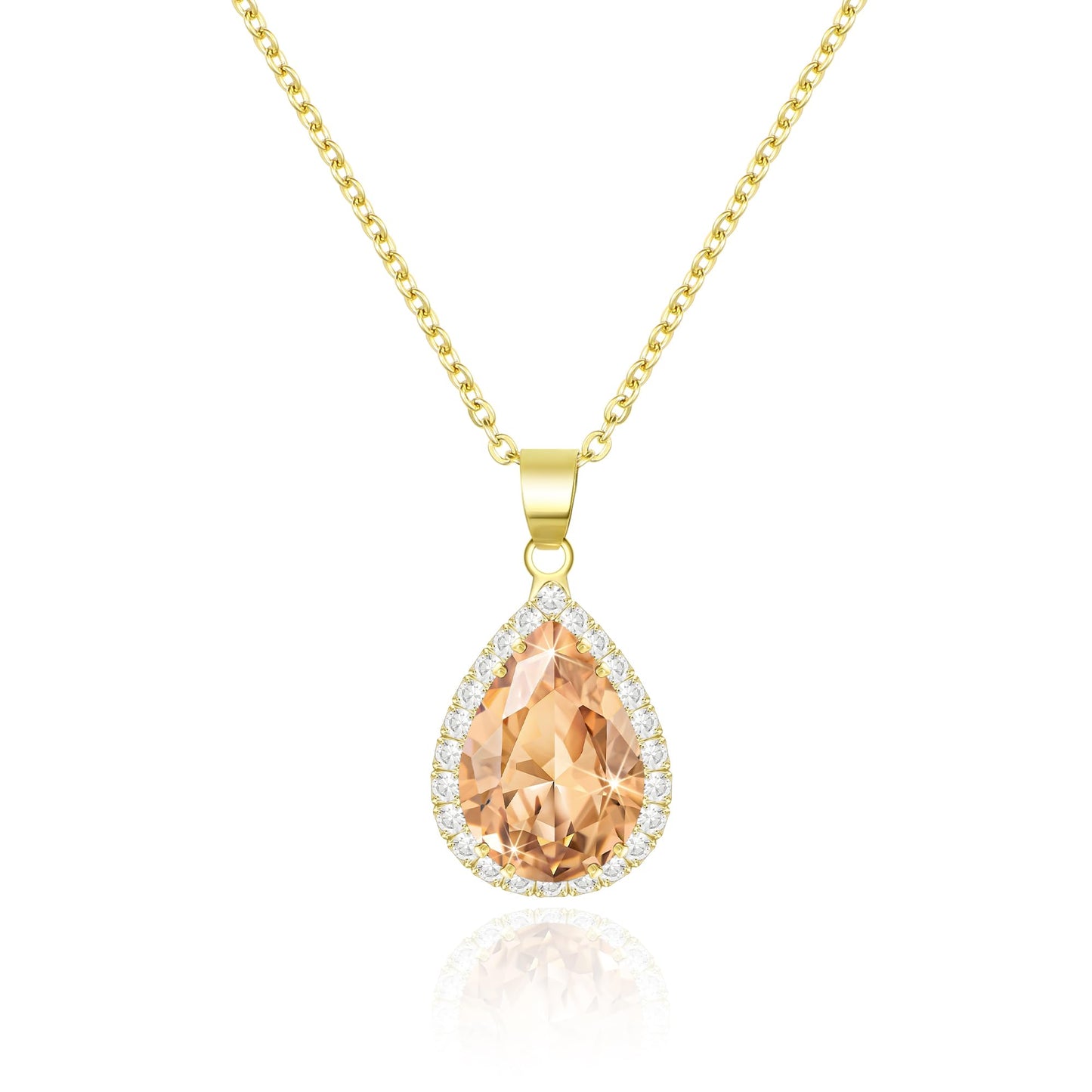 Linawe Gold Color Rhinestone Pendant Necklace for Women Trendy, Champagne Cubic Zirconia Crystal Fake Diamond Tear Drop Necklaces, Dainty Costume Simple Moissanite Gemstone Necklace