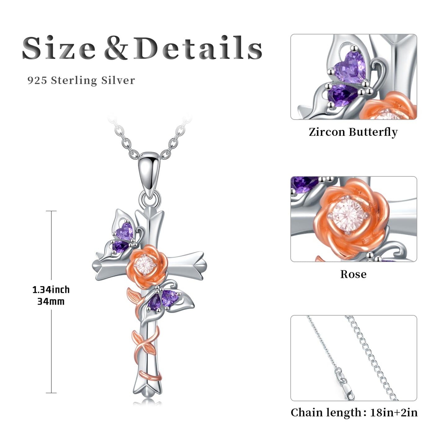 Butterfly Rose Necklaces 925 Sterling Silver for Women Double Purple Butterfly Necklace Pink Rose Cross Pendant Christian Faith Jewelry Mothers Day Gifts for Mom Lover Graduation Birthday Gift